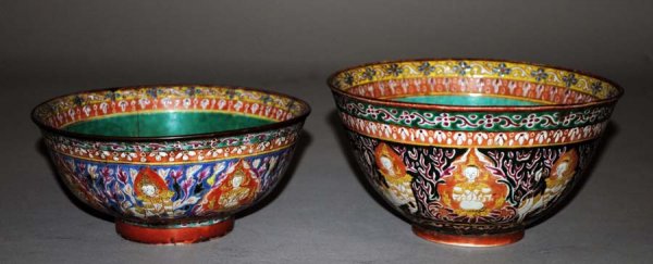 TWO UNUSUAL EXPORT PORCELAIN BOWLS: Chinese. 19th Century. Made for the Southeast Asian market. Each enameled with various deities. Diameters 6 5/8" and 7". (Cond: smaller with three hairline cracks) (300/400)