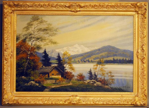 CONTINENTAL SCHOOL (20th Century): "Alpine Lake Landscape". Signed Kofler l/r. Oil on Canvas. Measuring 24" by 36". Gilded rococo style cast frame. (Cond: good) (150/200)