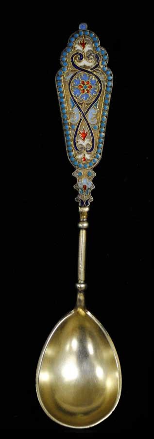 RUSSIAN SILVER GILT AND ENAMEL SPOON: Moscow. 1891-1896. (.84 Standard) Maker: Gustav Klingert. Length 6 7/8". (250/350)