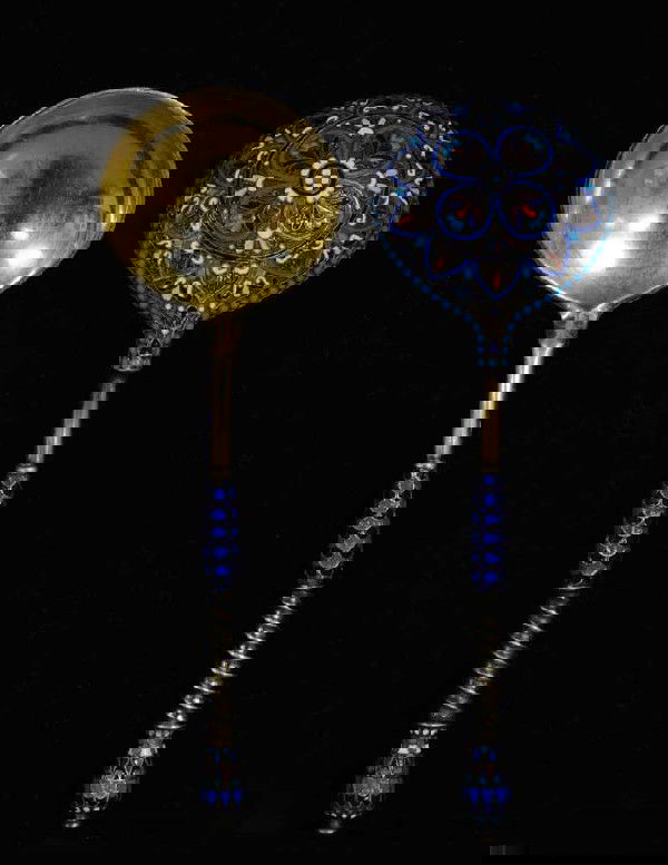 PAIR OF RUSSIAN SILVER AND ENAMEL SPOONS: Moscow. Dated 1889. (.84 Standard) Assayer's mark in Cyrillic L.O. Maker: Gustav Klingert. Length 6 1/2". (400/600)
