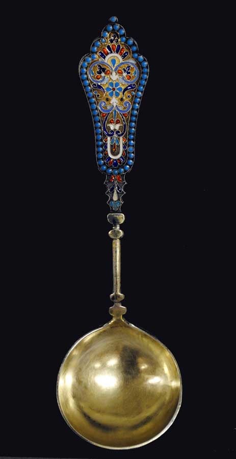 RUSSIAN SILVER GILT AND ENAMEL SPOON: Moscow. 1891-1896. (.84 Standard) Maker: Gustav Klingert. Length 7 1/4". (300/400)