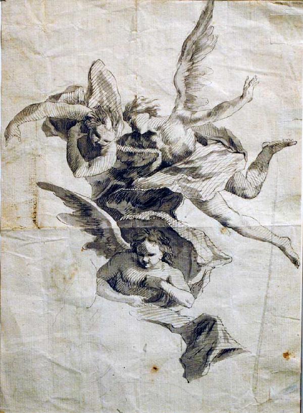GIOVANNI DOMENICO TIEPOLO (Italian. 1727-1804): "Three Angels". Preparatory drawing for a ceiling fresco. Verso bears artist's signature in pencil with additional drawings of figures and several notations and collector's stamp from Prince Johann Ge