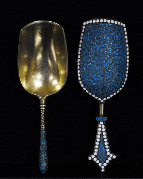 TWO RUSSIAN SILVER GILT AND ENAMEL LOTZKAS: Moscow. Dated 1893. (.84 Standard) Assayer probably A. Svechin. Maker: Gustav Klingert. Length 4 5/8". (400/600)