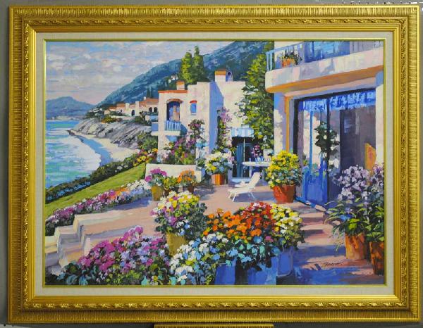 HOWARD BEHRENS (American. Born 1933): "Coastal Veranda". Signed Behrens l/r. Oil on Canvas. Measuring 30" by 42". Framed. (Cond: good) (4000/6000)