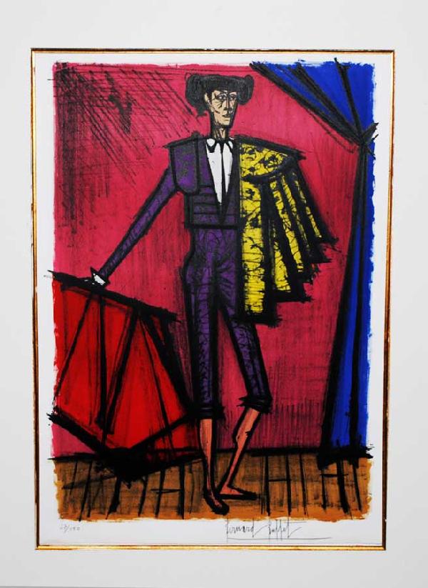 BERNARD BUFFET (French. 1928-1999): "Matador in Purple". Signed and numbered 47/150 in pencil lower margin. Color Lithograph. Circa 1966, from "Torreros". Image measuring 27 1/4" by 19". Sheet measuring 29 1/2" by 21 1/4". Loose and unf