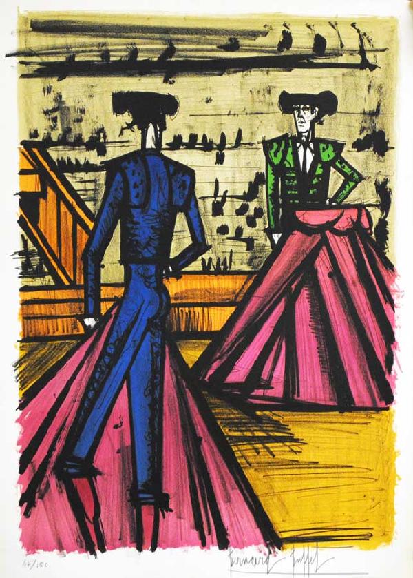 BERNARD BUFFET (French. 1928-1999): "Two Matadors". Signed and numbered 47/150 in pencil lower margin. Color Lithograph. Circa 1966, from "Torreros". Image measuring 27" by 19". Sheet measuring 29 1/2" by 21 1/4". Loose and unframed. (C