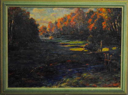 JULIETTE TRULEMANS WYTSMAN (Belgian. 1866-1925): "Foret de Soignies". Signed Juliette Wytsman l/l. Verso titled and dated 1906. Oil on Board. Measuring 19 1/2" by 27 1/2". Framed. (Cond: chips to paint in lower corners, some crazing, could use clean