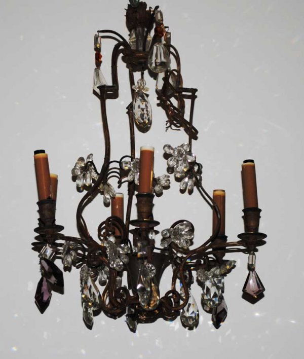 LOUIS XV STYLE SIX LIGHT GILT BRONZE CHANDELIER: French. 19th Century. With birdcage standard composed of scrolls ending in arms hung with clear and colored drops and pendants. Height 20 3/8". Diameter 16 1/2". (400/600)
