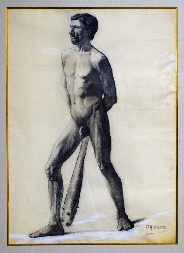PIERRE RIBERA (French. 1867-1932): "Study of Standing Nude Male". Signed l/r. Graphite and White Heightening on Paper. Sight measuring 24 1/8" by 17 1/2". Framed. (Cond: paper has some soiling, minor crease) (200/300)