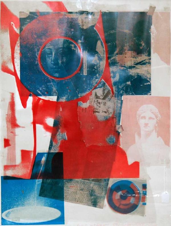 AFTER ROBERT RAUSCHENBERG (American. 1925-2008): Signed and inscribed by the artist "Bigs & Little's Rauschenberg" in marker. Color Print. Sight measuring 34" by 25 1/2". Has the "quarry" and "amalgamated Lithographers of America" blind stamps l/r.