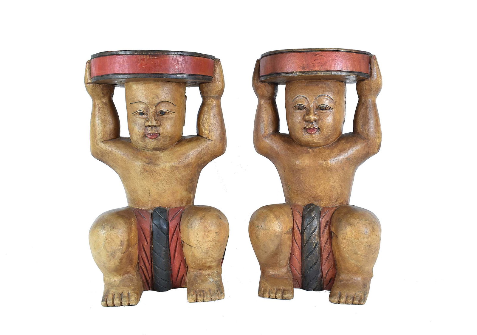 PAIR OF THAI PAINTED & CARVED FIGURAL PEDESTAL STOOLS (1 of 6)