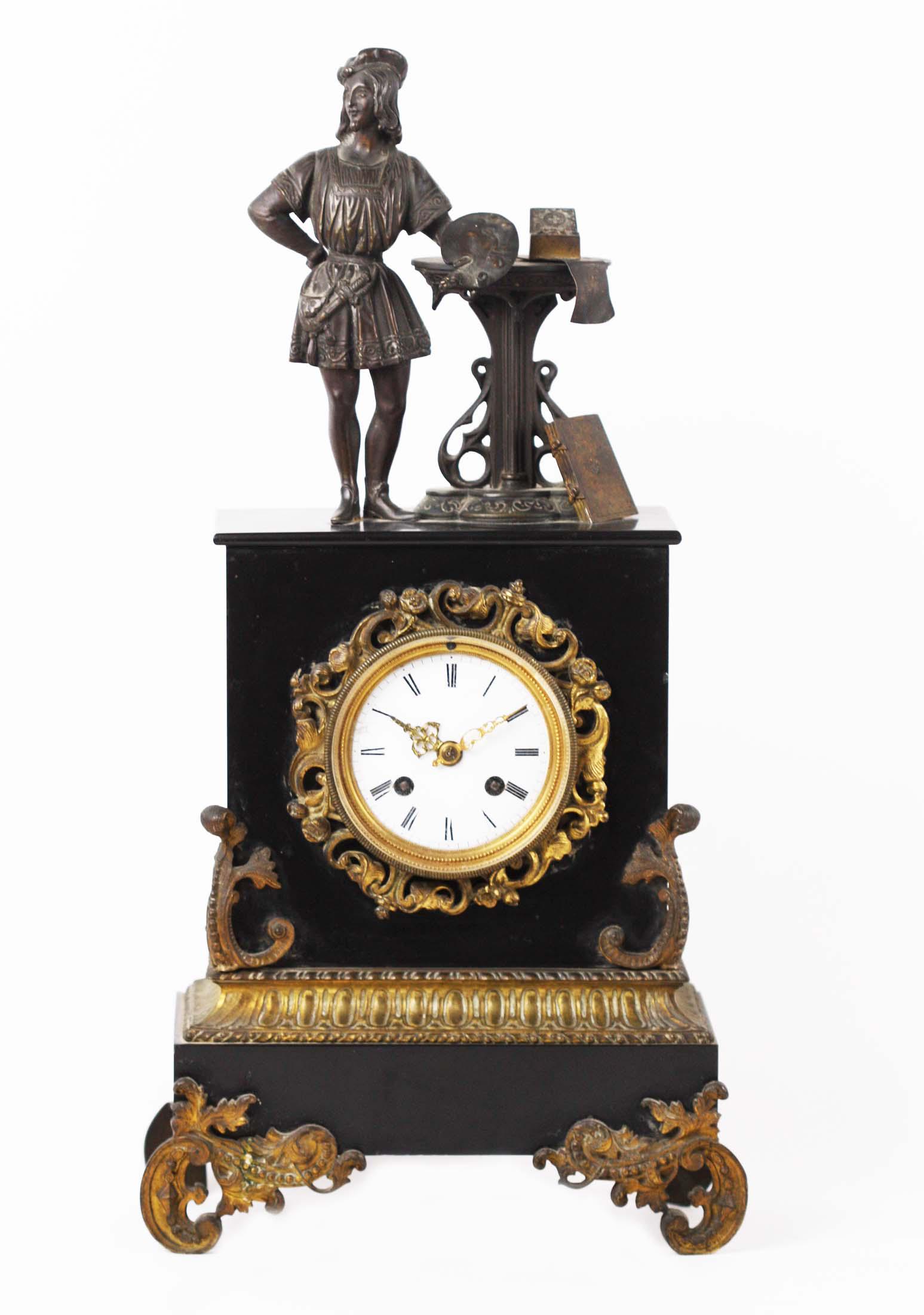 NAPOLEON III BRONZE-MOUNTED BLACK SLATE MANTEL CLOCK (1 of 7)