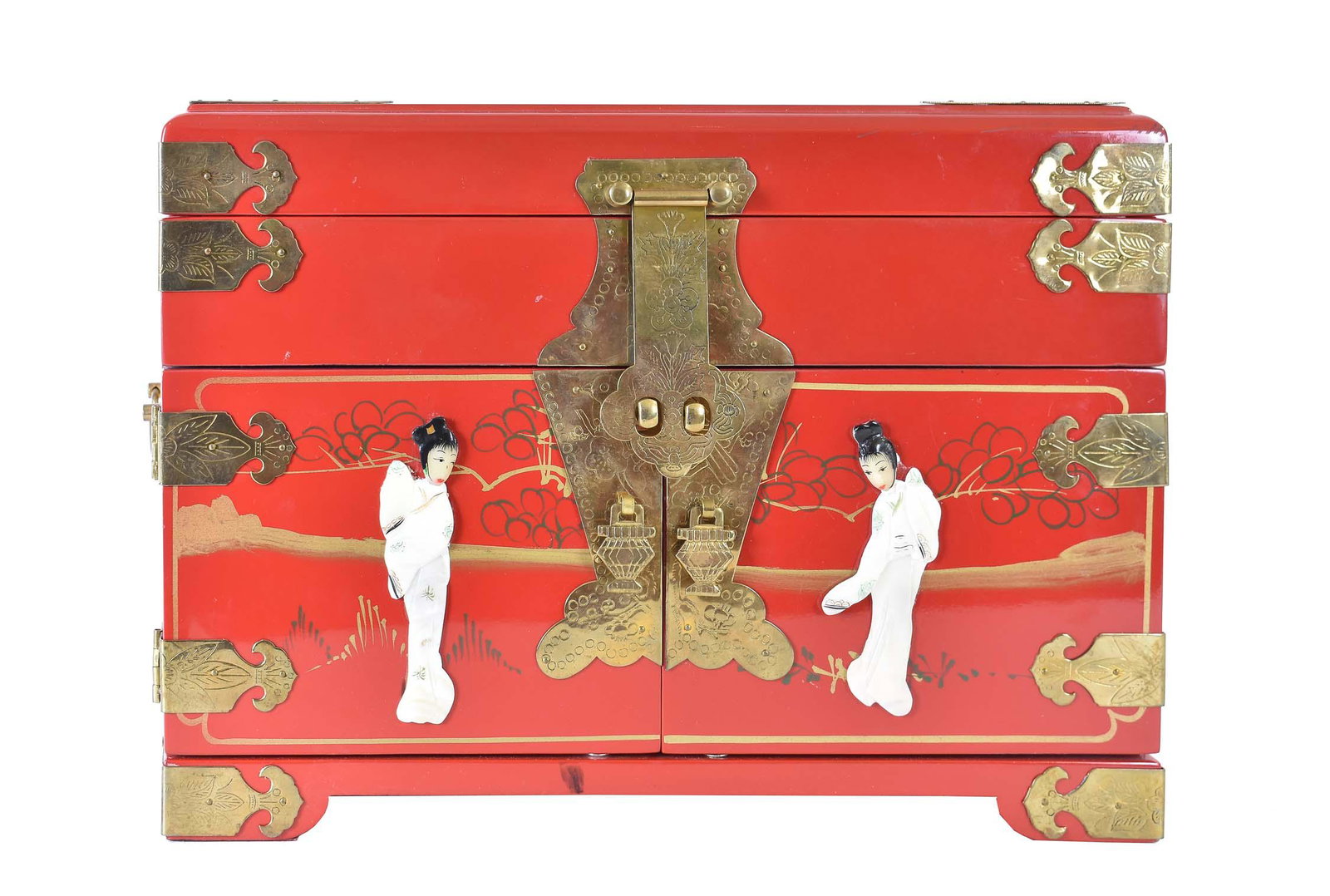 CHINESE BRASS-MOUNTED RED LACQUER JEWELRY BOX (1 of 4)
