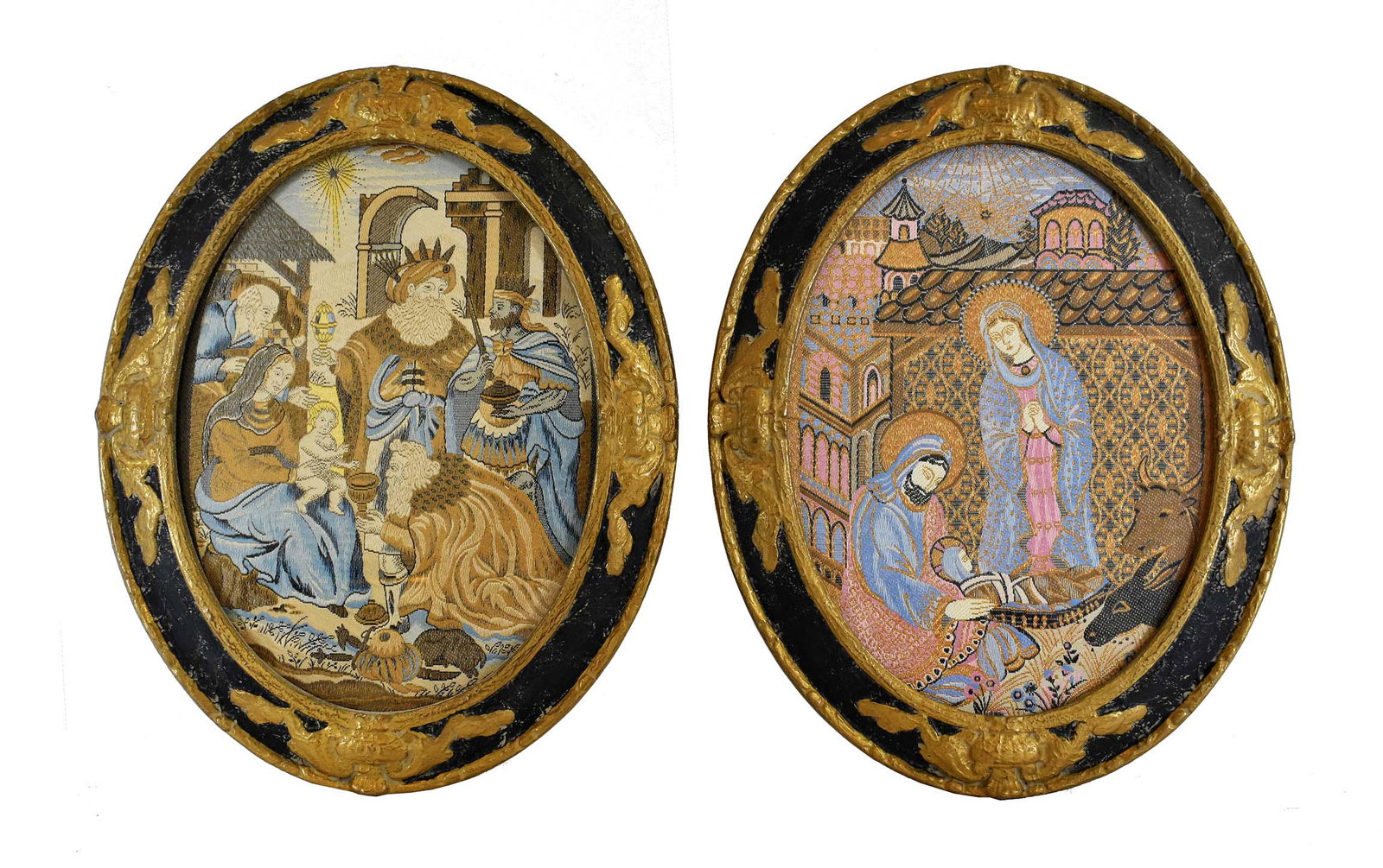 PAIR OF CONTINENTAL FRAMED OVAL TAPESTRY PANELS (1 of 7)