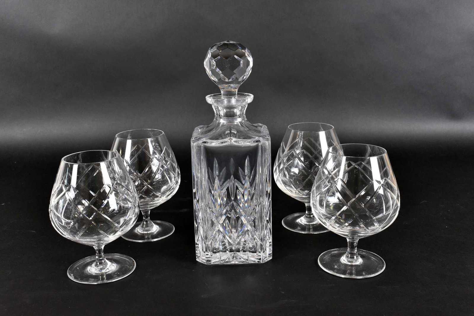 CUT GLASS DECANTER & FOUR GLASS BRANDY SNIFFERS (1 of 4)