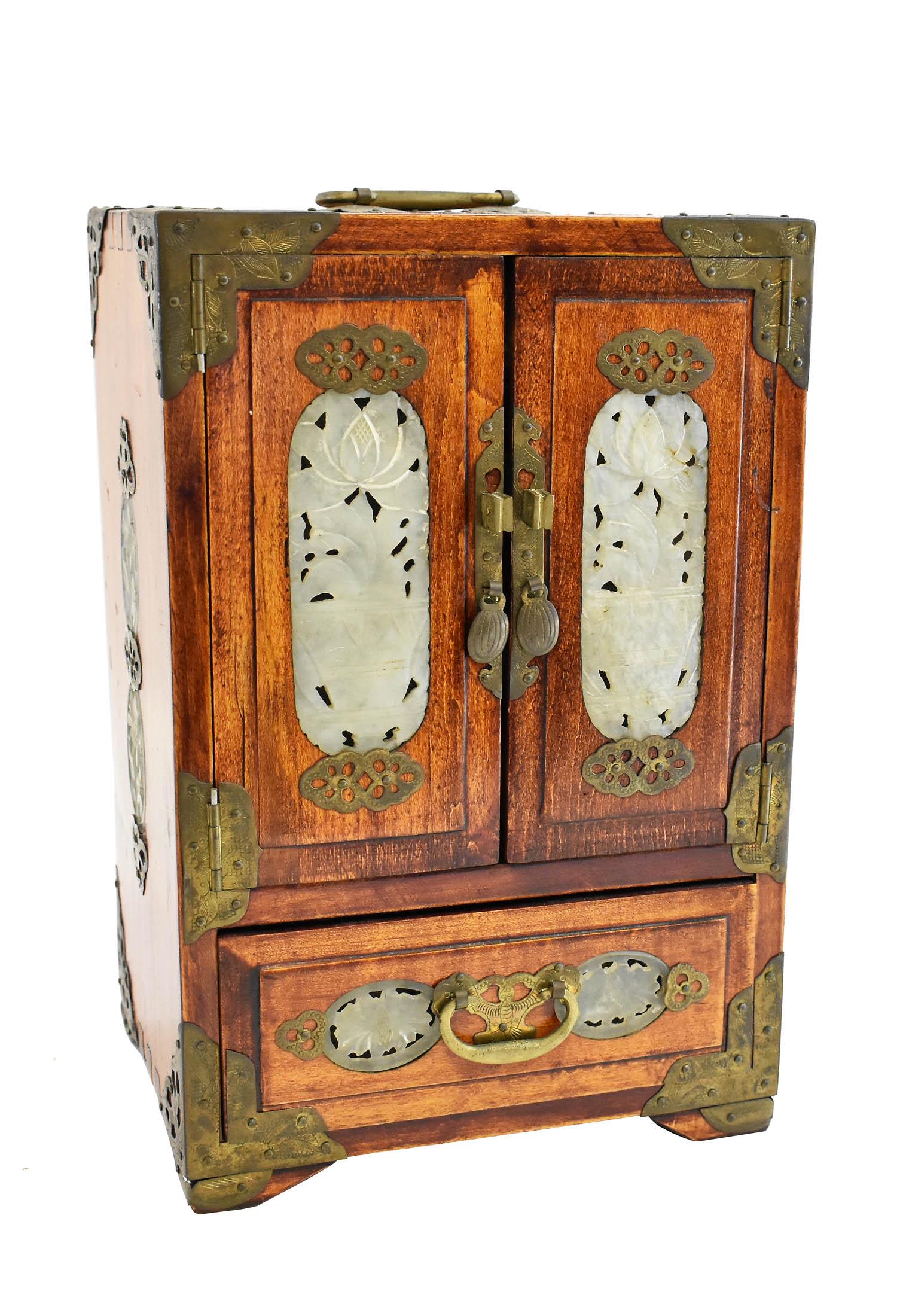 CHINESE BRASS AND SOAPSTONE MOUNTED TABLE CABINET (1 of 9)