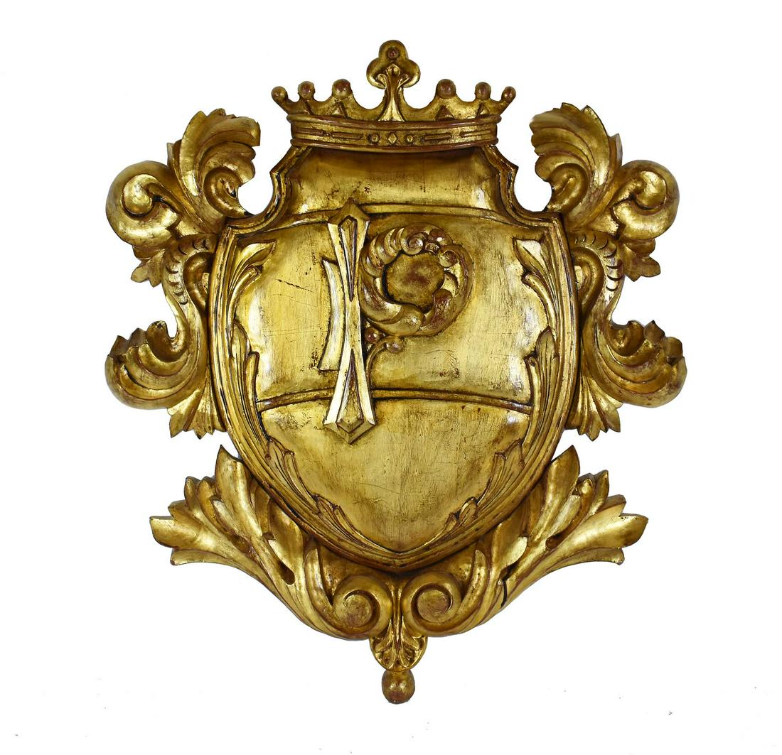 CONTINENTAL CARVED GILT WOOD ARMORIAL DEVICE (1 of 4)