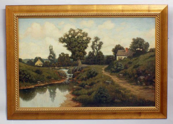 GEORGE WERNER DREW (American. 1875-1968): River Landscape with Country Houses. Signed George W. Drew l/r. Oil on Canvas. measuring 20" by 30". Framed. (Cond: canvas has a relining with inpainting to sky) (1500/2000)
