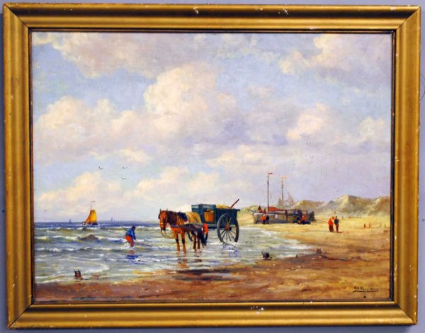 PIETER JOHANNES A. WAGEMANS (Dutch. 1879-1955): Seaside Scene with Clam Diggers. Signed l/r. Oil on Canvas. Measuring 23 1/2" by 31 1/2". Framed. (Cond: canvas has several patches, surface dirty, could use cleaning) (250/350)