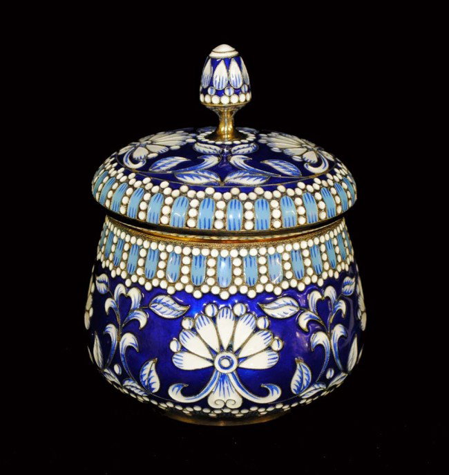 RUSSIAN SILVER GILT AND ENAMEL SUGAR BOWL AND COVER: St. Petersburg Region. Post World War II. (916 Standard) Maker's mark in Cyrillic LF7. Height 4 3/8". (400/500)