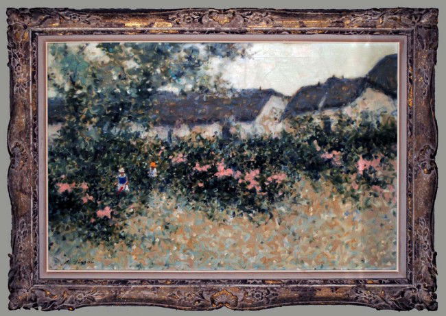 ANDRE GISSON (American. 1921-2003): "Cottages in a Landscape". Signed A. Gisson l/l. Oil on Canvas. Measuring 24" by 36". Framed. (Cond: good) (2500/3500)