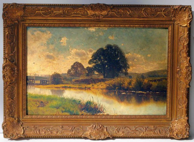 ERNEST PARTON (American. 1845-1933): "River Landscape". Signed E. Parton l/l. Oil on Canvas. Measuring 14 1/2" by 22 1/2". Gilded rococo style frame. (Cond: will need cleaning, surface very dirty) (1000/1500)
