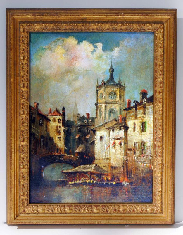 DUTCH SCHOOL (19th Century): "Canal Scene". Signed indistinctly l/l. Oil on Panel. Measuring 13 3/4" by 10 1/8". Gilded frame. (Cond: surface dirty, could use cleaning) (400/600)