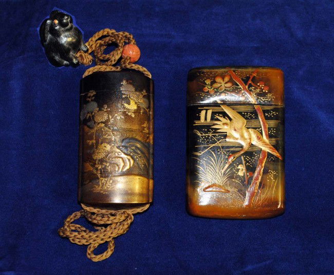 FIVE SECTIONAL LACQUER INRO: Japanese. Circa 1900. Signed. With wood netsuke. Together with a gilt decorated tortoise shell card holder. Length 3 3/4". (2 pcs) (300/400)