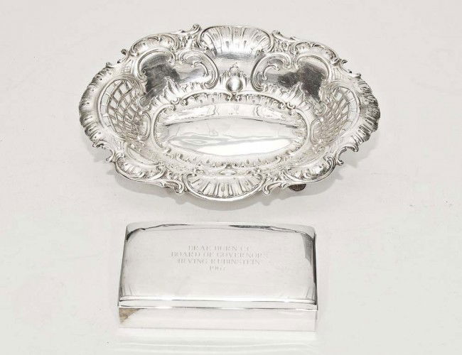 CONTINENTAL SILVER BOWL: European. Circa 1910. (.800 Fine) Of oval form with pierced trellis ends. Length 11". Together with an American sterling silver cigarette box by Poole. Length 6 1/4". (2 pcs) (200/300)