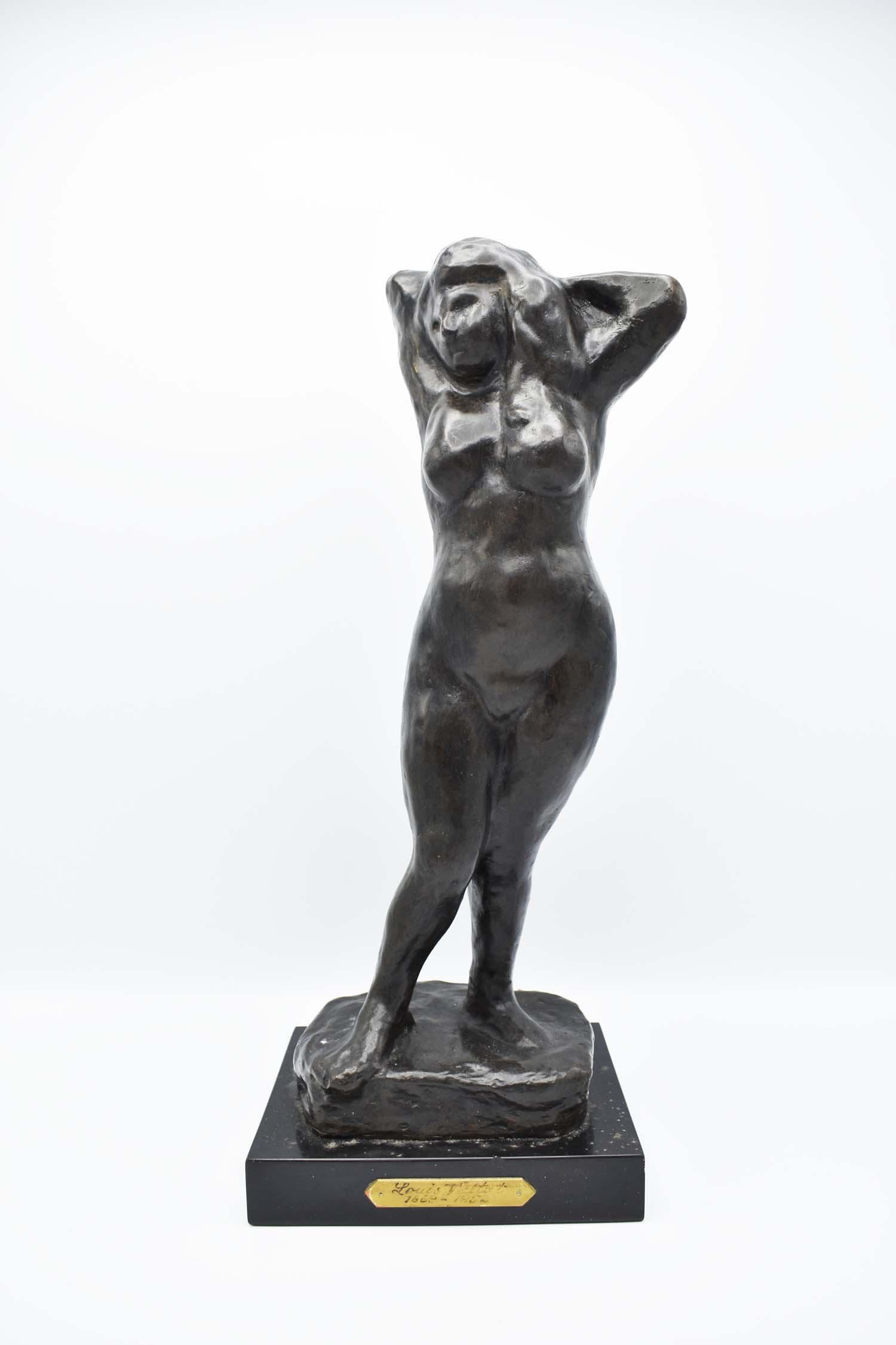 LOUIS VALTAT (French. 1869-1952) SCULPTURE: Standing Female Nude. The reverse initialed LV, numbered 1/8. Bronze, dark brown blackish patina, black stone base. Height 16.25 in. Width 6 in. Depth 3.5 in. (Cond: good, some nice wear to patina)