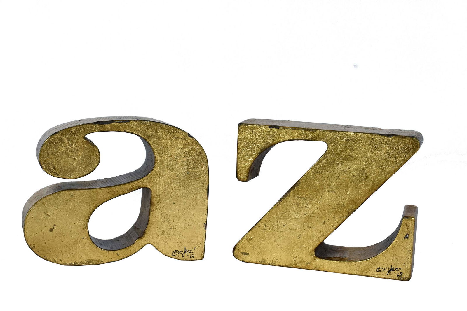 CURTIS JERE MID-CENTURY GILT IRON A & Z BOOKENDS: Each signed with copyright, C.Jere, dated 1968. Height 4.75 in. (Cond: minor loss to areas of gilt)