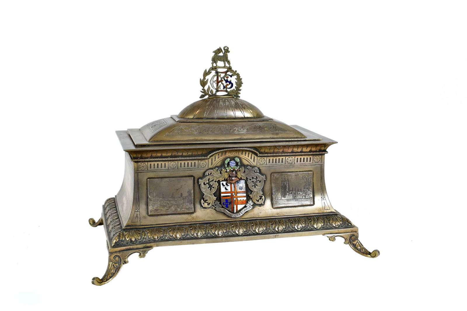 ENGLISH SILVER COFFER PRESENTED TO LADY EDRIDGE: The lid and body marked Birmingham, 1920, Maker T & J.B. The body with an enamel Coat of Arms, and two incised plates the County Church and Square, the reverse inscribed, COUNTY BOROUGH OF CROYDON LAD