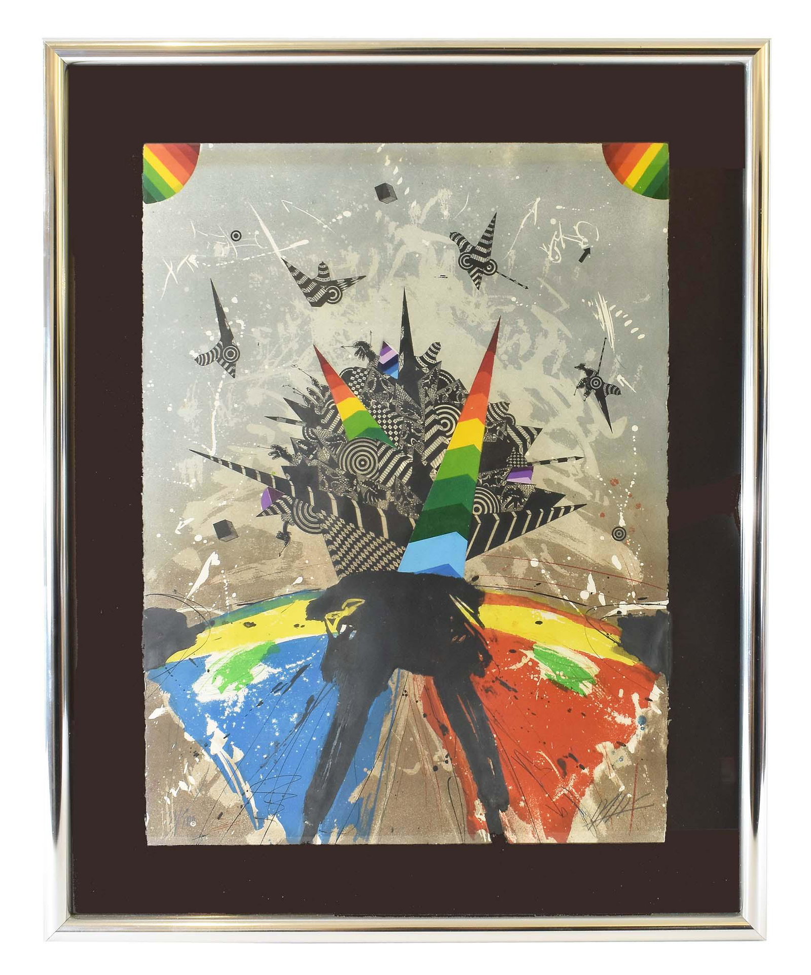 PETER MAX (German/American. b. 1937) LITHOGRAPH 1970'S: Untitled. Signed l/r, numbered 38/100. Lithograph in Color on Gray Paper. Sheet 30 by 23 in., overall 39 by 31 in.