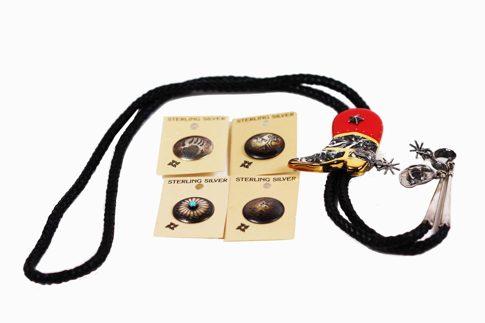 GROUP OF FOUR NATIVE AMERICAN STERLING BUTTON COVERS: One Kokopelli, One Bear Claw, One Pictorial Village, One Flower with turquoise stone. 1/2 in. Together with a costume Cowboy Boot bolo tie. (2 pcs.)