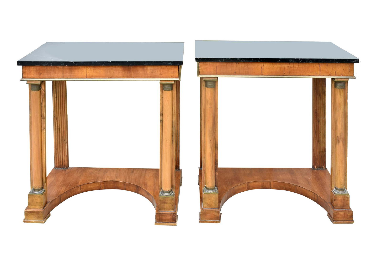 PAIR OF FRENCH FAUX MARBLE WALNUT SIDE TABLES: Each painted rectangular top above a frieze fitted with a drawer, on supports within engaged half columns, set upon a concave platform base. Height 28 in. Width 26 in. Depth 14 in.
