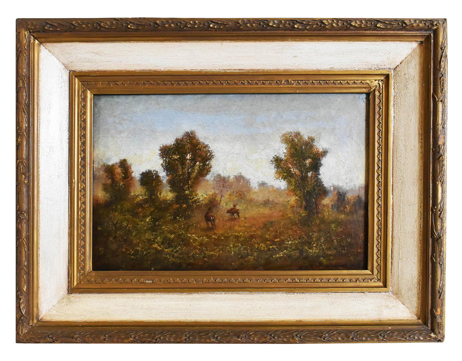 BELA BERTALAN NEMETH (Hungarian. 20th Century) PAINTING: Deer in a Meadow. Signed l/r, the reverse with label. Oil on Canvas. 10 by 15.5 in., overall 17.5 by 23 in.