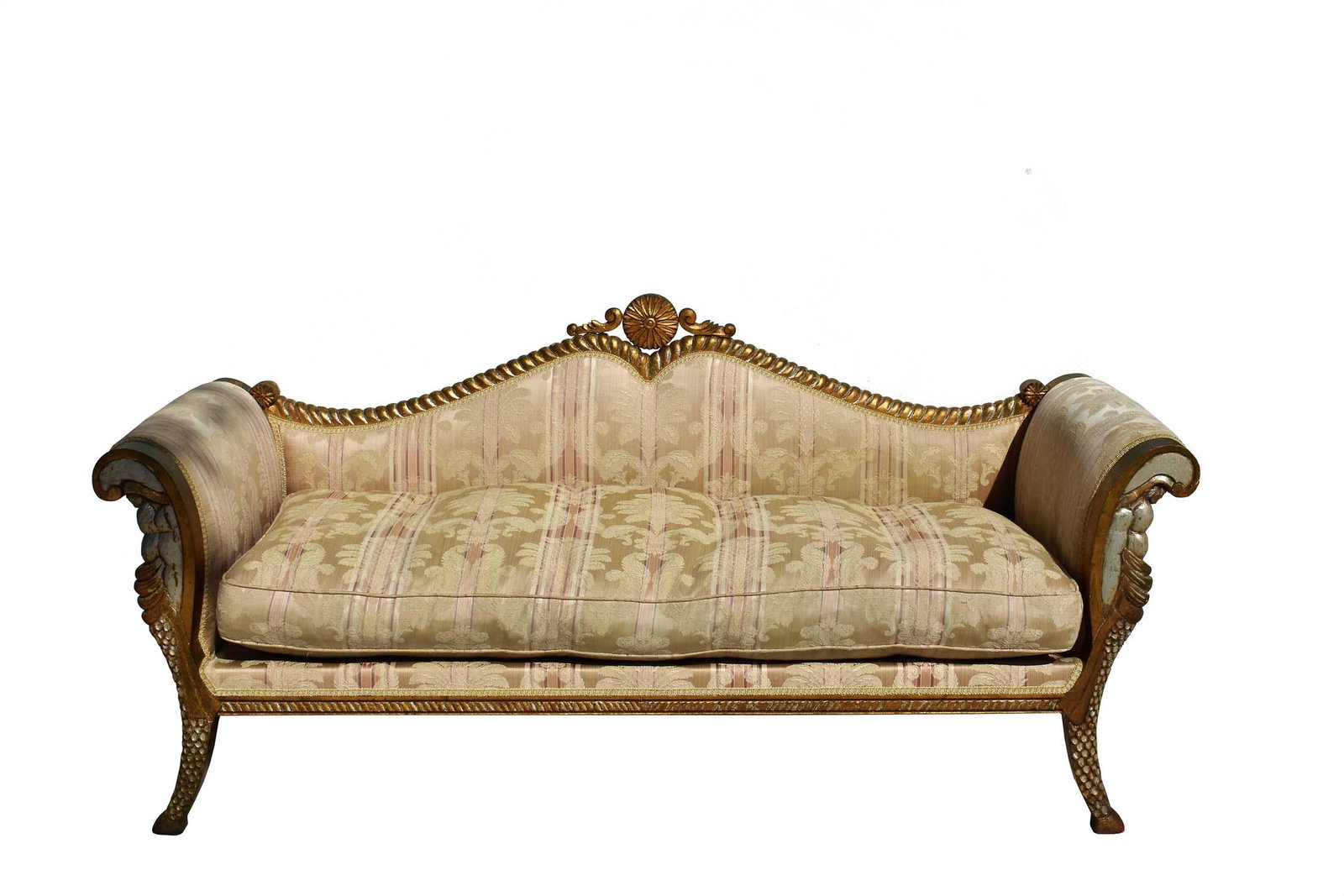 ITALIAN GILTWOOD FANTASY SETTEE: 20th Century. The serpentine gadrooned back with a carved crest rail flanked by curved arms with a center conformed seat. Scale carved legs with stylized drapery with hoof feet. Lenght 62 in. Depth of