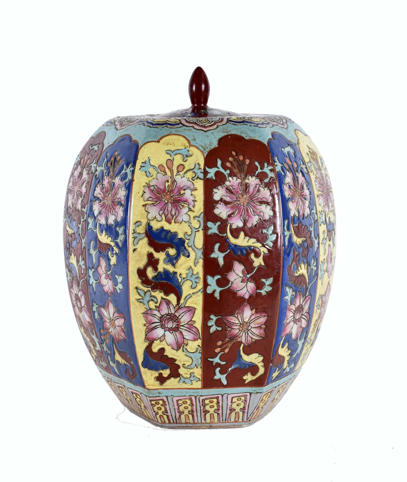 CHINESE ENAMEL-DECORATED PORCELAIN COVERED JAR: The underside with a six character mark in red. Decorated with vertical bands of foliage. Height 13 in. Diameter at shoulder 9.5 in.