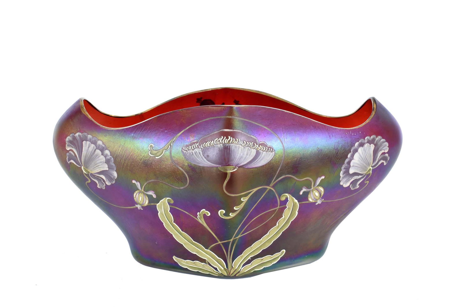 AUSTRIAN IRIDESCENT COLORED GLASS VASE: Underside Signed. Possibly Loetz. The vessel centered with a foliate sprig. Height 7 in. Width 14 in. Depth 7 in.