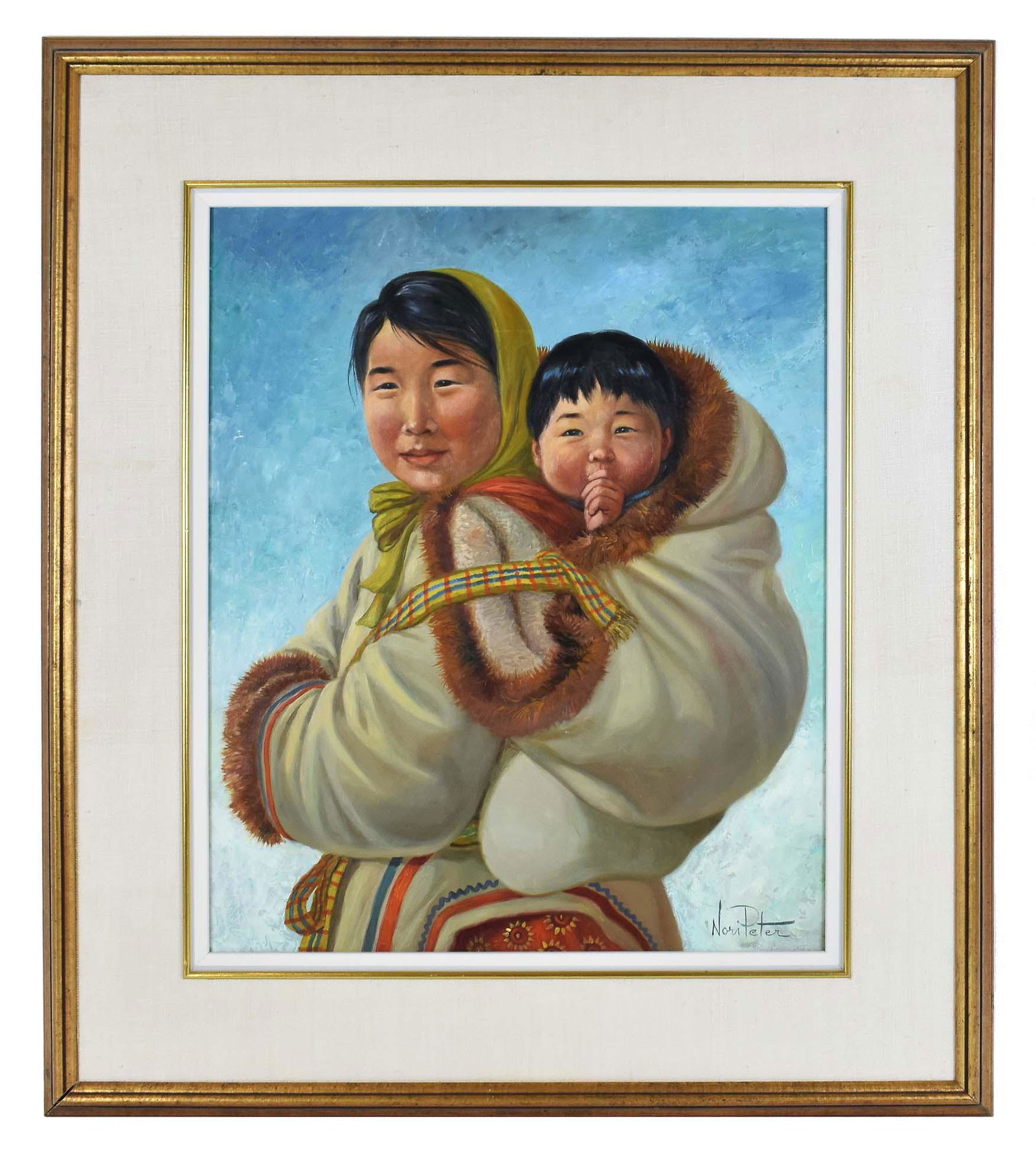 NORI PETER (Hungarian/Canadian. 1935-2009): Apo.. in His Mothers Parka, Canadian Artic. Signed, titled on the reverse, also signed l/r. Oil on Masonite. 24 by 20 in., overall 36 by 31 in.