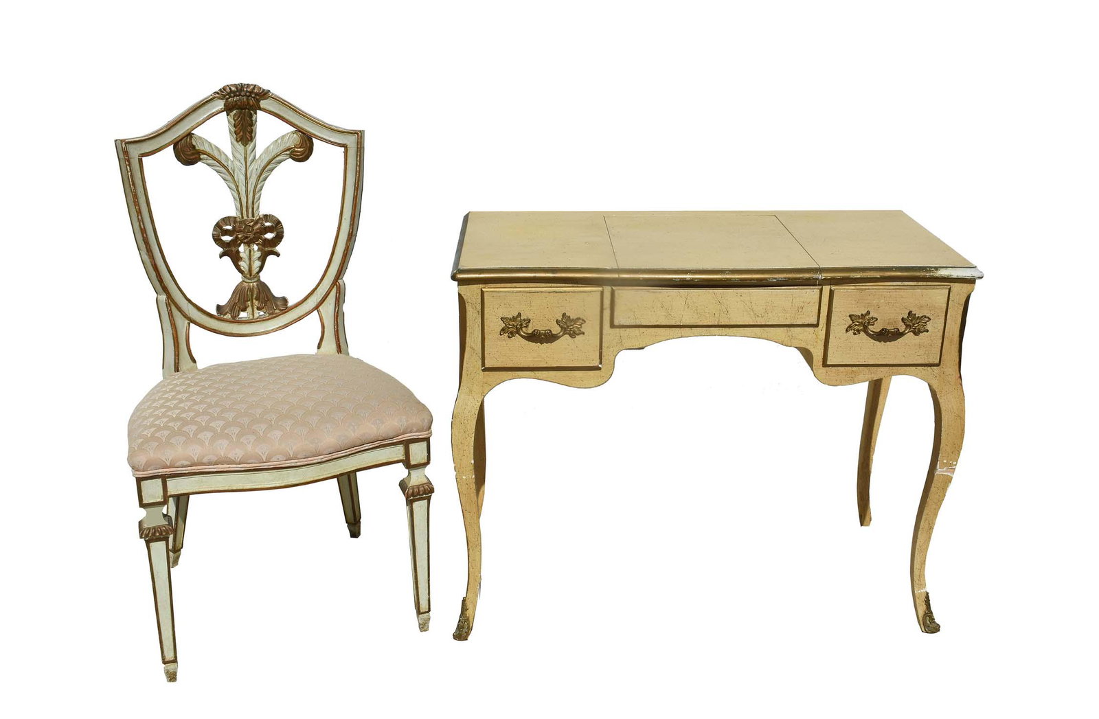 LOUIS XV STYLE PAINTED DRESSING TABLE AND A GEORGE III: The vanity with a hinged top, the frieze with drawers, on cabriole legs; the armchair with a shield back centering a Prince of Wales Plume, on tapering legs. (2 pcs) Height of vanity 29.5 in.