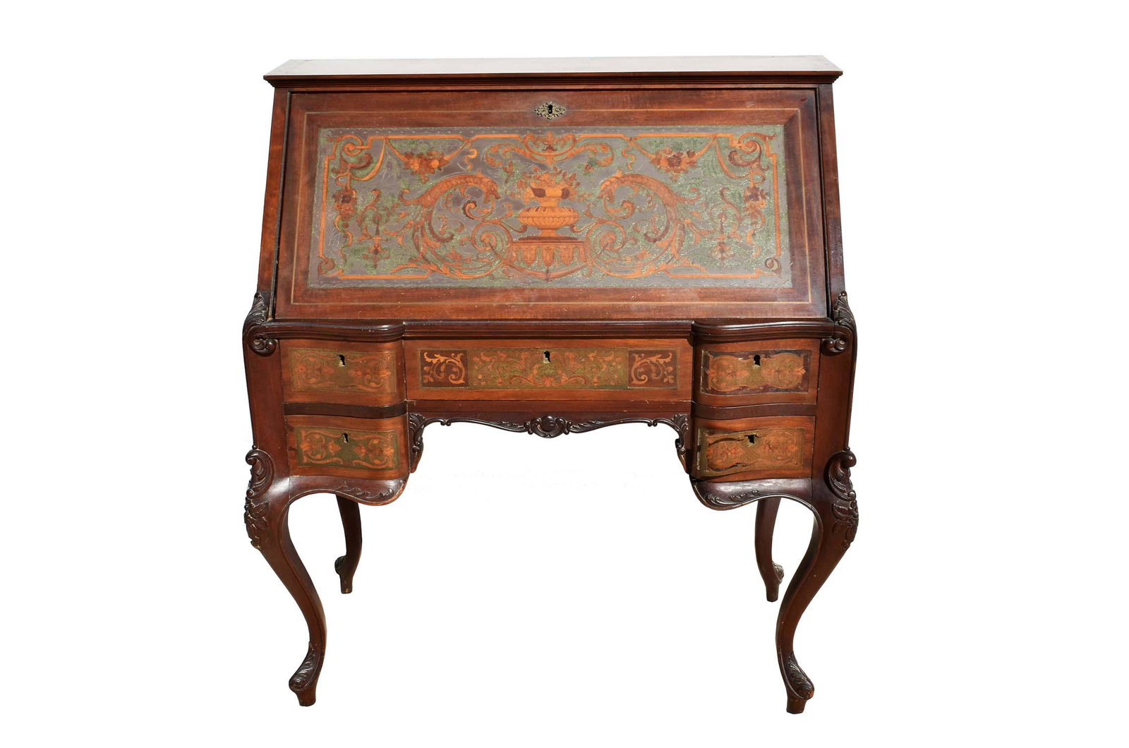 CONTINENTAL BRASS INLAID SLANT-FRONT DESK: Early 20th Century. The mahoganhy slant-front with stylized brass stringing, opening to a fitted interior, on leaf-carved cabriole legs. Height 42 in. Width 37 in. Depth 19.5 in. (Cond: repairs)