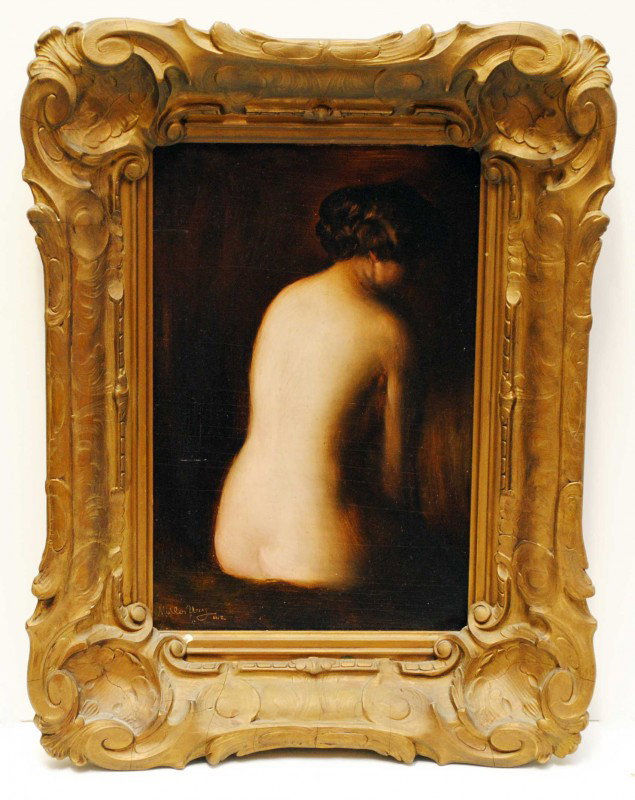 ADOLFO FELICE MULLER-URY (Swiss. 1862-1947): "Seated Nude Lady". Signed and dated 1912 l/l. Oil on Winsor and Newton Prepared Mill Board. Measuring 11 5/8" by 7 1/2". Period gesso cast and carved rococo style frame. (Cond: surface has overall cr