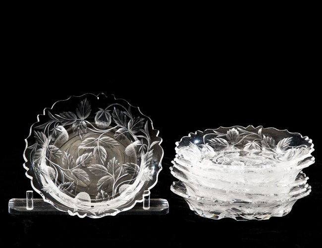 SET OF 6 UNSIGNED PAIRPOINT CUT GLASS FRUIT PLATES: American. 20th Century. Each undercut with berries. Diameter 5 1/2". (100/150)