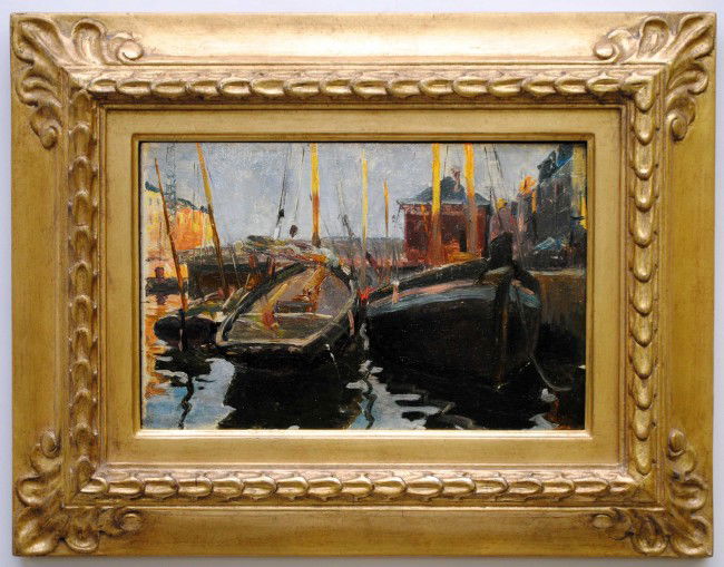 ATTRIBUTED TO JANE PETERSON (American. 1876-1965): "Fishing Boats". Signed l/c. Verso bears artist's name and inscribed "Americane". Oil on Panel. Measuring 6 1/4" by 9 1/4". Framed. (Cond: surface good, has varnish build-up) (800/1200)