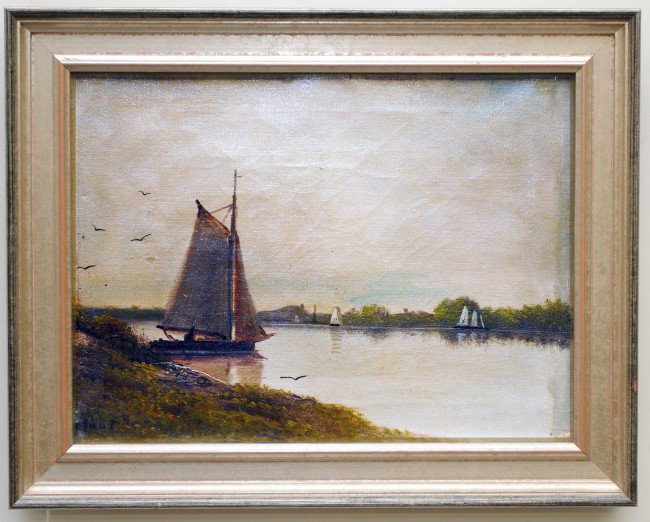 DUTCH SCHOOL (Late 19th Century): "River Landscape with Sailing Boats". Signed indistinctly l/l. Oil on Canvas. measuring 8 7/8" by 11 3/4". Silver leaf frame. (Cond: has a patch, old varnish and surface dirt, could use cleaning) (300