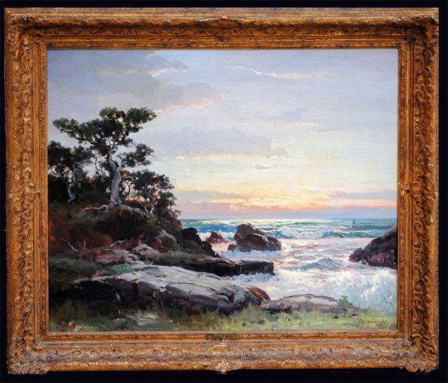 ROBERT W. WOOD (American. 1889-1979): "Sunset Monterey Coast, Calif.". Signed and dated '43 l/r. Oil on Canvas. Measuring 25" by 30". Framed with nameplate. (Cond: good) (3000/4000)