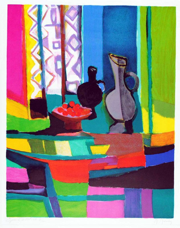 MARCEL MOULY (French. 1918-2008): "Still Life". Signed artist's proof # II/XXX in pencil in the lower margin. Serigraph. Image measuring 27 1/8" by 20 3/4". Sheet measuring 32 1/4" by 24 3/4". Unframed. (Cond: some creases to edges of