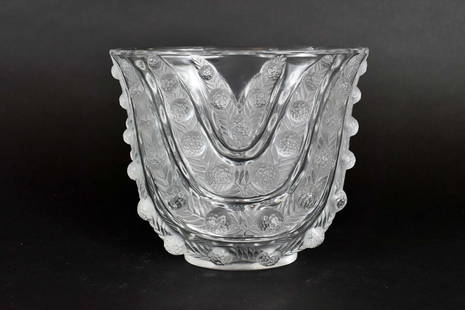 LALIQUE COLORLESS GLASS OVAL VASE: Etched Lalique Cristal France signature. Both sides with curved stands of stemmed leafy oranges. Height 6.75 in. Width 8 in. Depth 5.25 in.