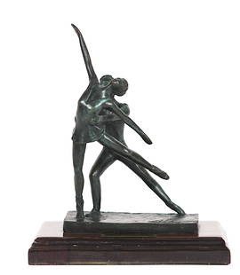 RICARDO REJON (Spanish. 20th Century): Ballet Dancers. Signed on the base, with signature plaque, wood base. Patinated Bronze. Height 8 in. Width 5.5 in. Depth 3 in.